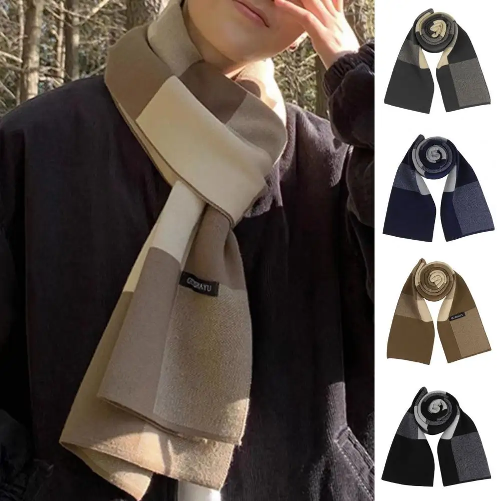 

Men Plaid Print Scarf Casual Soft Warm Knit Neckerchief Patchwork Color Winter Scarf Imitation Cashmere Scarf Winter Accessories