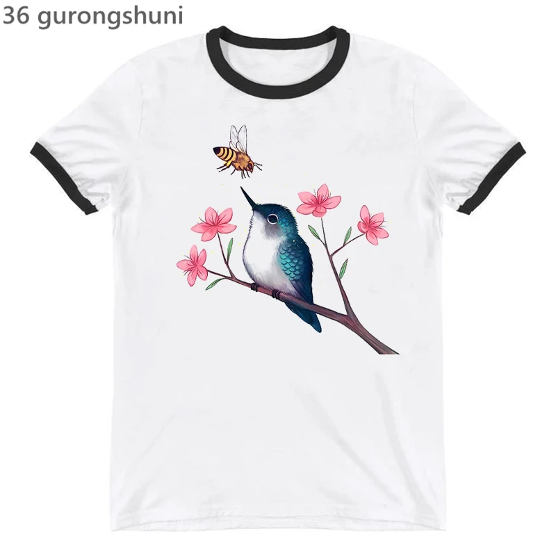 T Shirt Female Hummingbird With Floral Botanical Graphic Print Women'S T-Shirt Fashion Retro Tshirt 90s Girl Tshirt  White Tops