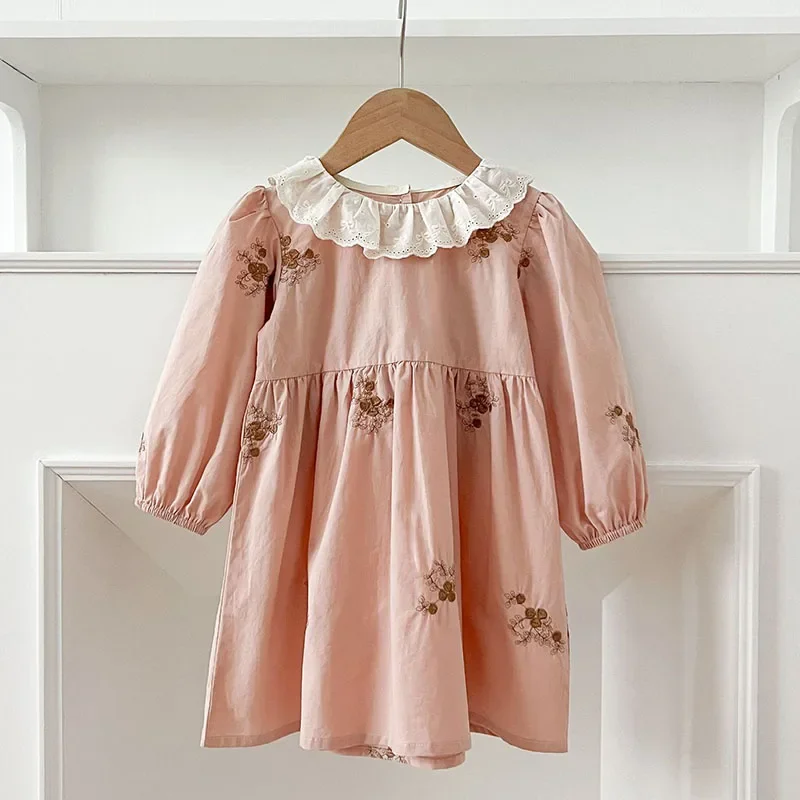 2025 New Spring Girl Party Dress Baby Girl Romper Long Sleeved Cotton Flower Embroidery Kids Princess Dresses Sister Clothes