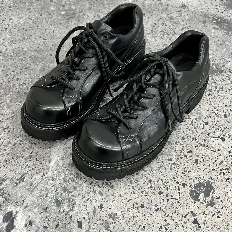 Handmade Genuine Leather Round Toe Lace Up Derby Shoes Men's Thick Soled Casual Business Work Dress Leather Shoes Male