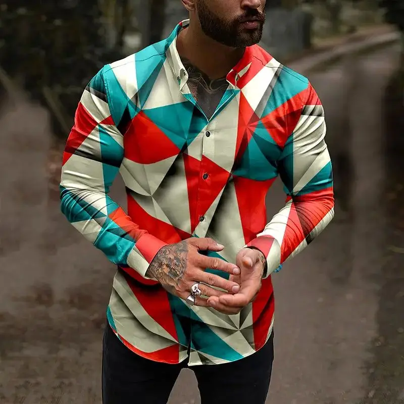 Fashion 3D Printed Geometric Pattern Casual Street Men's Shirt Comfortable Fit Thickened Fleece Lined Autumn  Neck Shirt