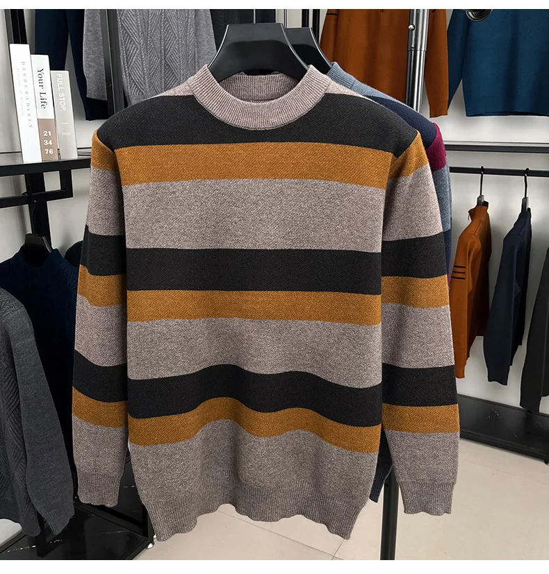 

2025 Autumn/Winter New Men's Sweater Interwoven Knitted Shirt Striped Bottom Shirt