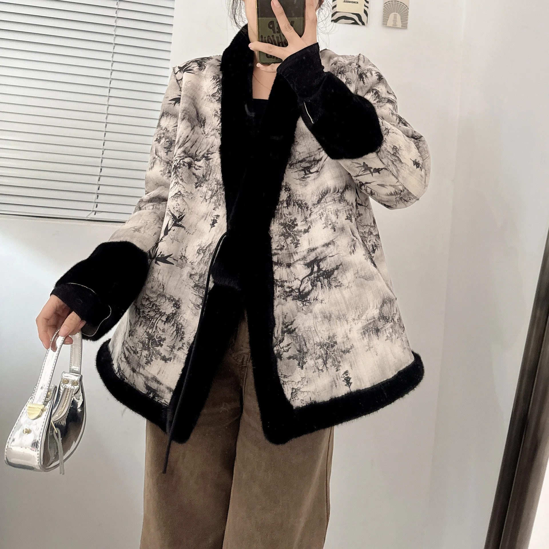 Novo estilo chinês imitação de pele de vison casaco de camurça mulheres jaquetas de pele de inverno pintura a tinta grosso quente fofo jaqueta roupas femininas