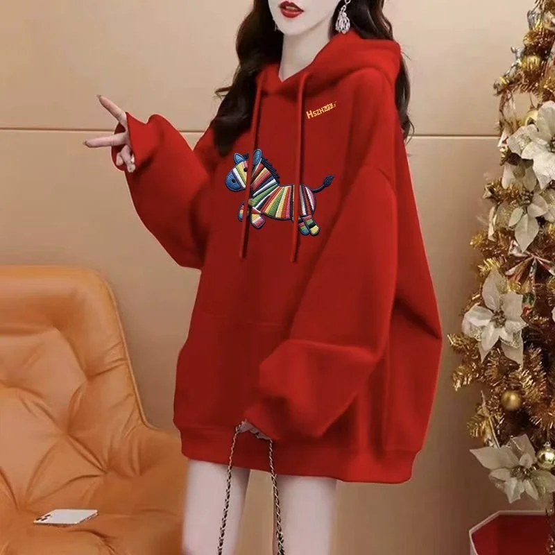 

Large Size Hoodie Sweatirt Embroidered Print New Year Red Jaet ex Spring Autumn Winter Casual Comfortable Breathable