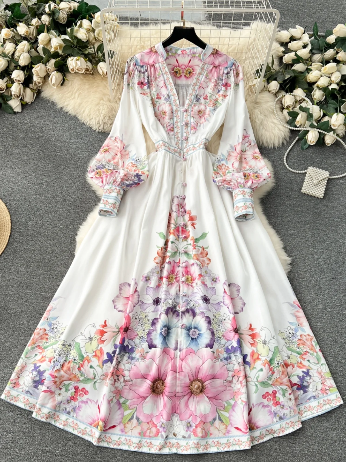 Ele longue bulle Sve Dr bouton détail rétro imprimé coupe ajustée printemps 2024 coréen Sle taille haute robe trapèze