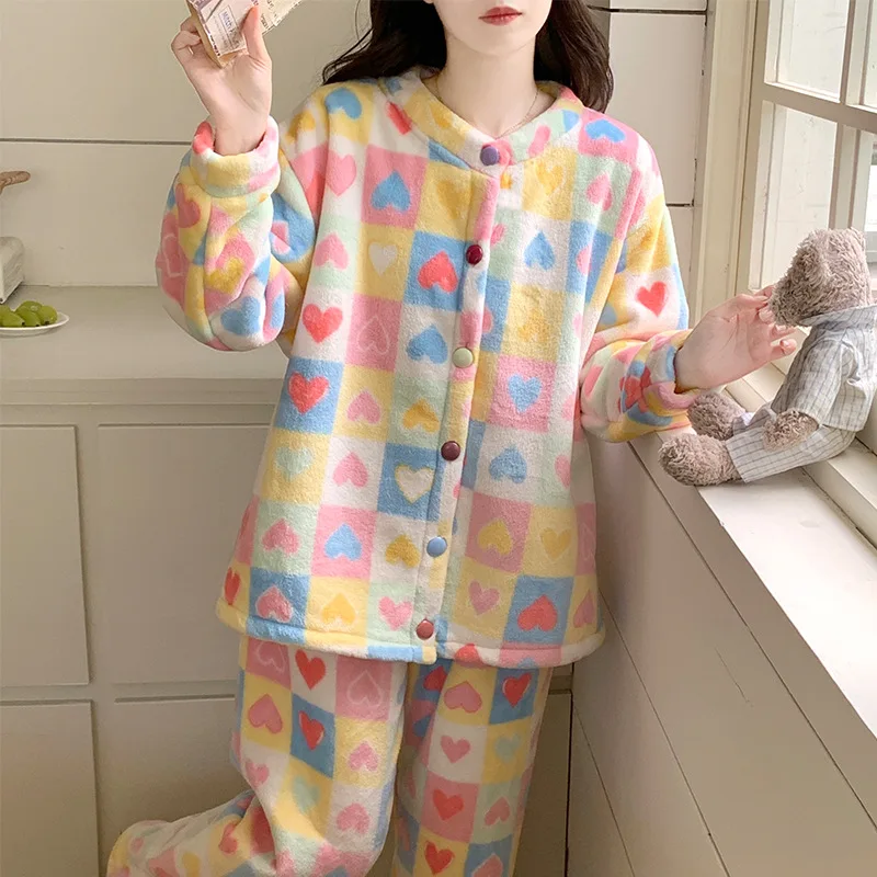 

Women's Coral Fleece Pajamas Cute Sweet Girl Homewear Autumn Winter Loungewear Warm Thickened Flannel Fleece-Lined Two Pieces