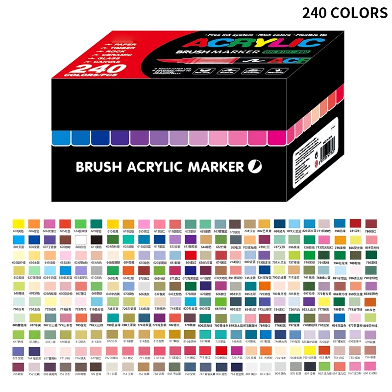 Direct Liquid Acrylic Marker 240 colors Set Acrylic Paint Markers Brush Tip Paint For Rock Painting Festival Gift DIY Art Pens C