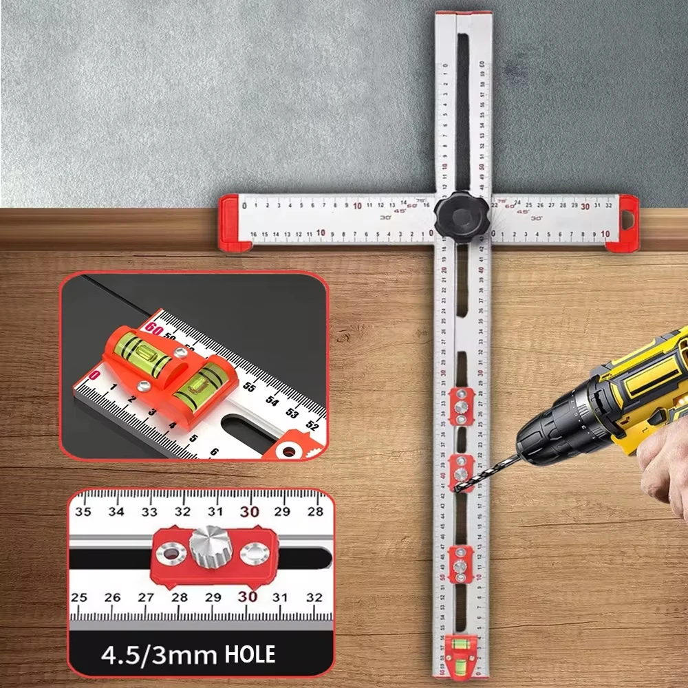 

4-in-1 Drilling Positioning Ruler, Multi Angle Measuring Ruler, T Square Ruler Woodworking Ruler,Cabinet Hole Drilling Template