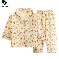 New 2022 Kids Boys Girls Pajamas Casual Cartoon Long Sleeve Lapel Shirt Tops with Pants Baby Summer Loose Sleeping Clothing Sets