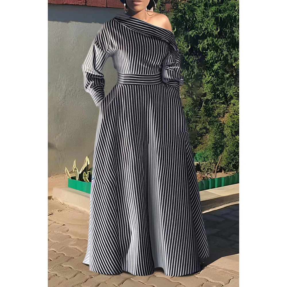 Plus Size Casual Dress Bule Stripe Oblique Collar Maxi Dress With Pocket