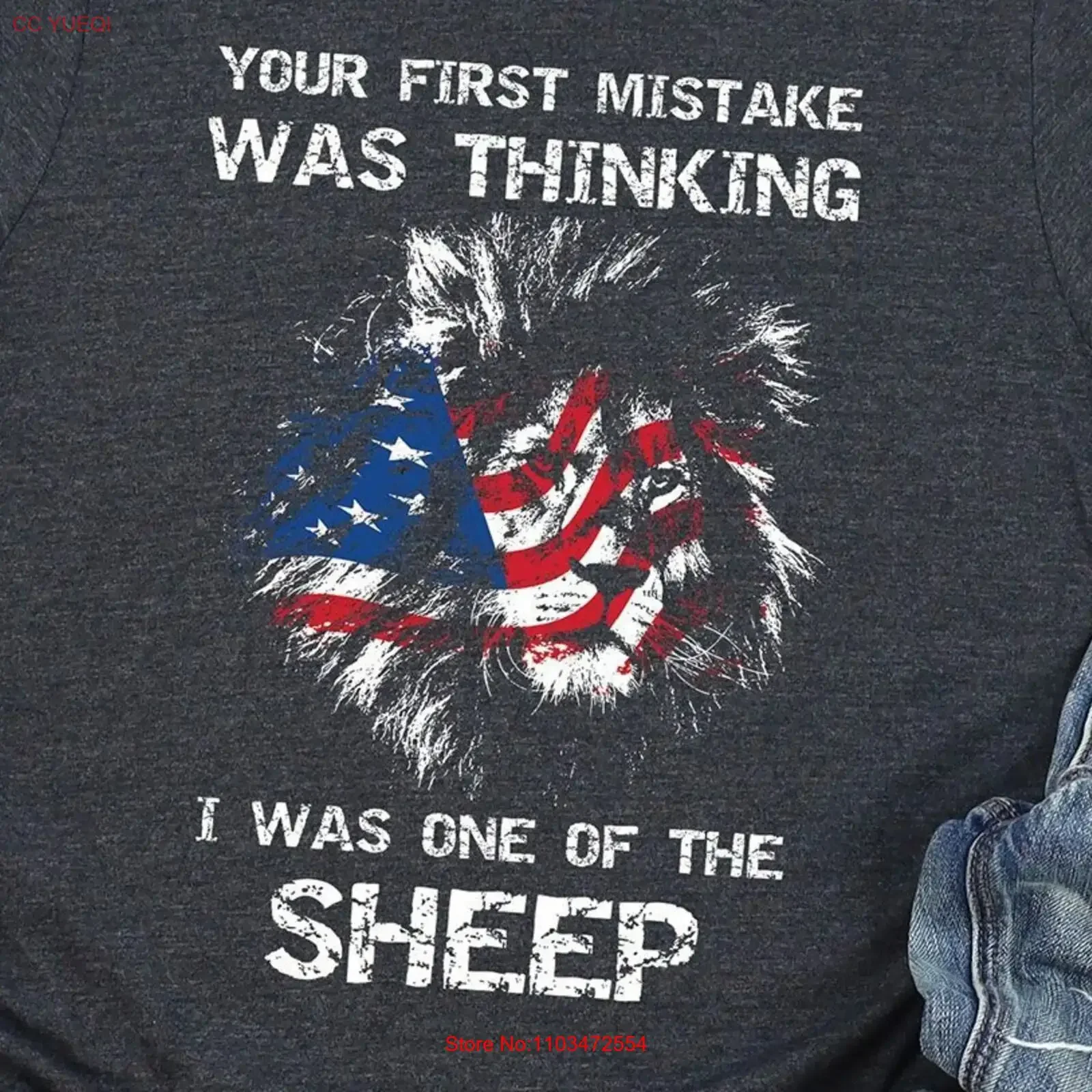 Camiseta política: Tu primer error fue creer que yo era una oveja, orgullo americano, bandera de león, derechos constitucionales, segunda enmienda
