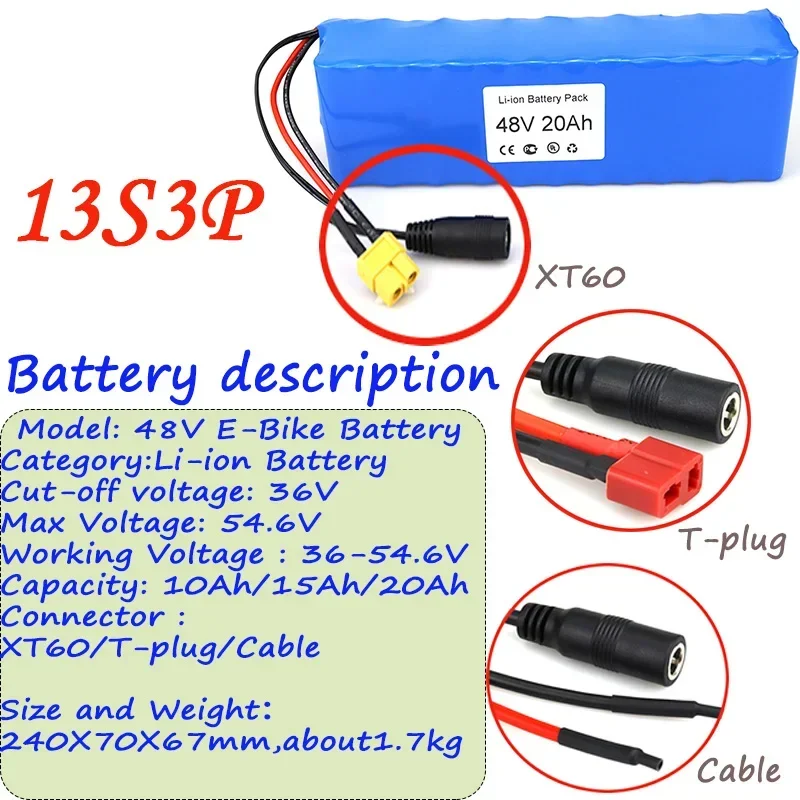 2024 New Best Seller 13S3P 48V Li-ion Battery 10Ah/15Ah/20Ah XT60 T-plug Cable Connector And BMS For Ebike Battery Pack