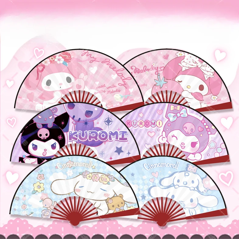 

MINISO Cartoon Character Folding Sanrio Kuromi My Melody Cinnamoroll Folding Fan Portable Silk Fan Wooden Shank Summer Hand Fans