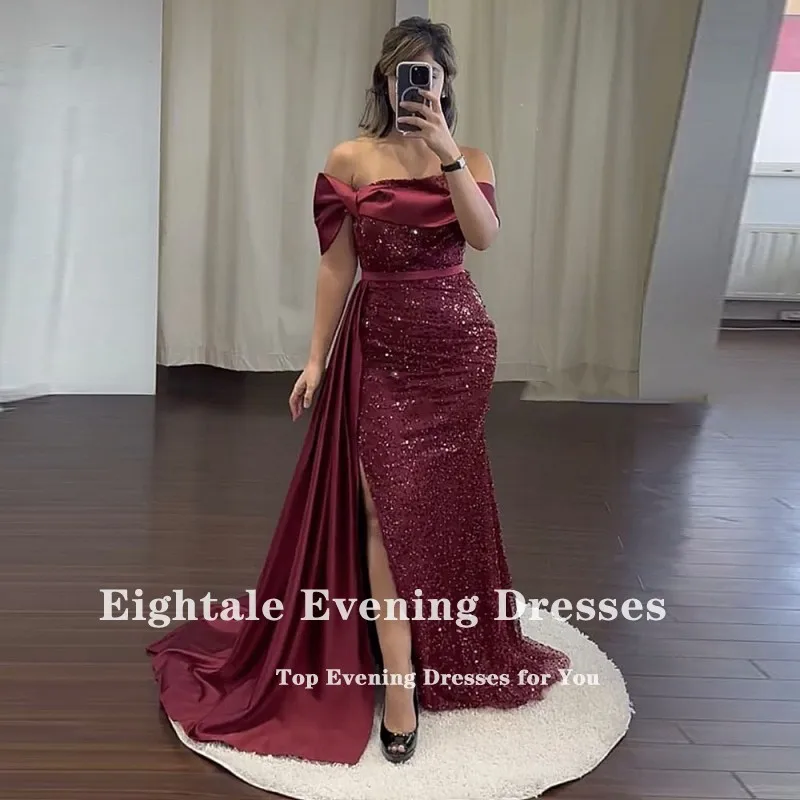 Eightale Luxury Evening Dresses Arabic off Shoulder Satin Burgundy Custom Made Color and Size Mermaid Prom Wedding Party Gown