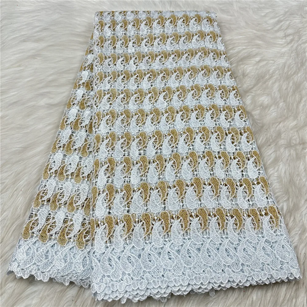 

Высокое качество, 5 ярдов, африканская, нигерийская, водорастворимая кружевная ткань с кристаллами, элегантный шнур, гипюровая кружевная ткань для шитья платьев 730