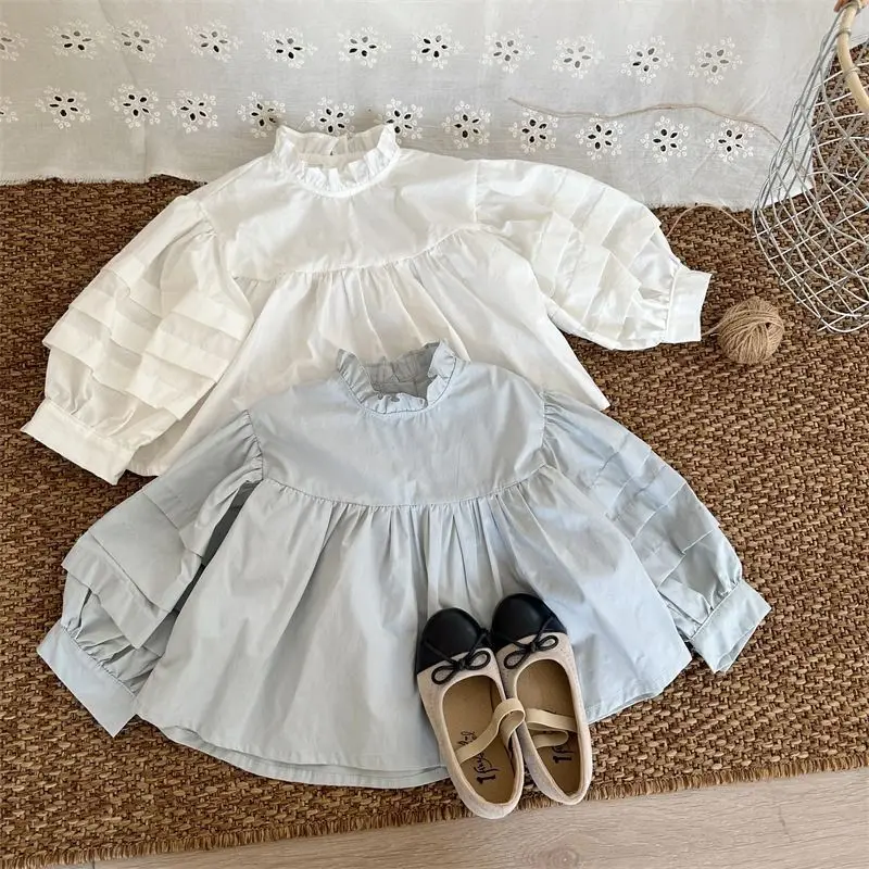 

Spring New Girl Solid Color Shirt Children's Long sleeved Cotton Doll Shirt Stand up Neck Top