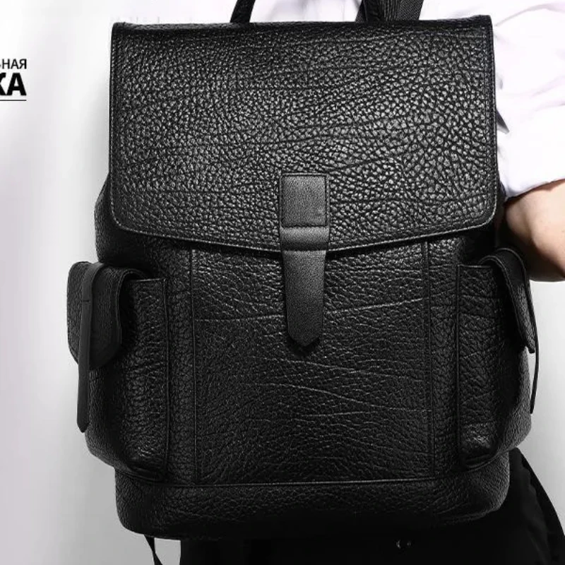 Men Black Genuine Cowhide Leather Backpack with Flap and Side Pockets Vintage Travel Daypack Business Laptop Bag