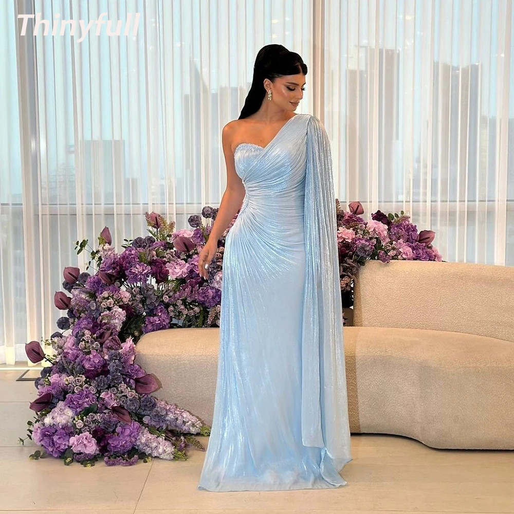 

Thinyfull A-line Dubai Prom Dresses One Shoulder Sleeveless Shiny Satin Evening Party Gown Long Dress robes de soirée Customized