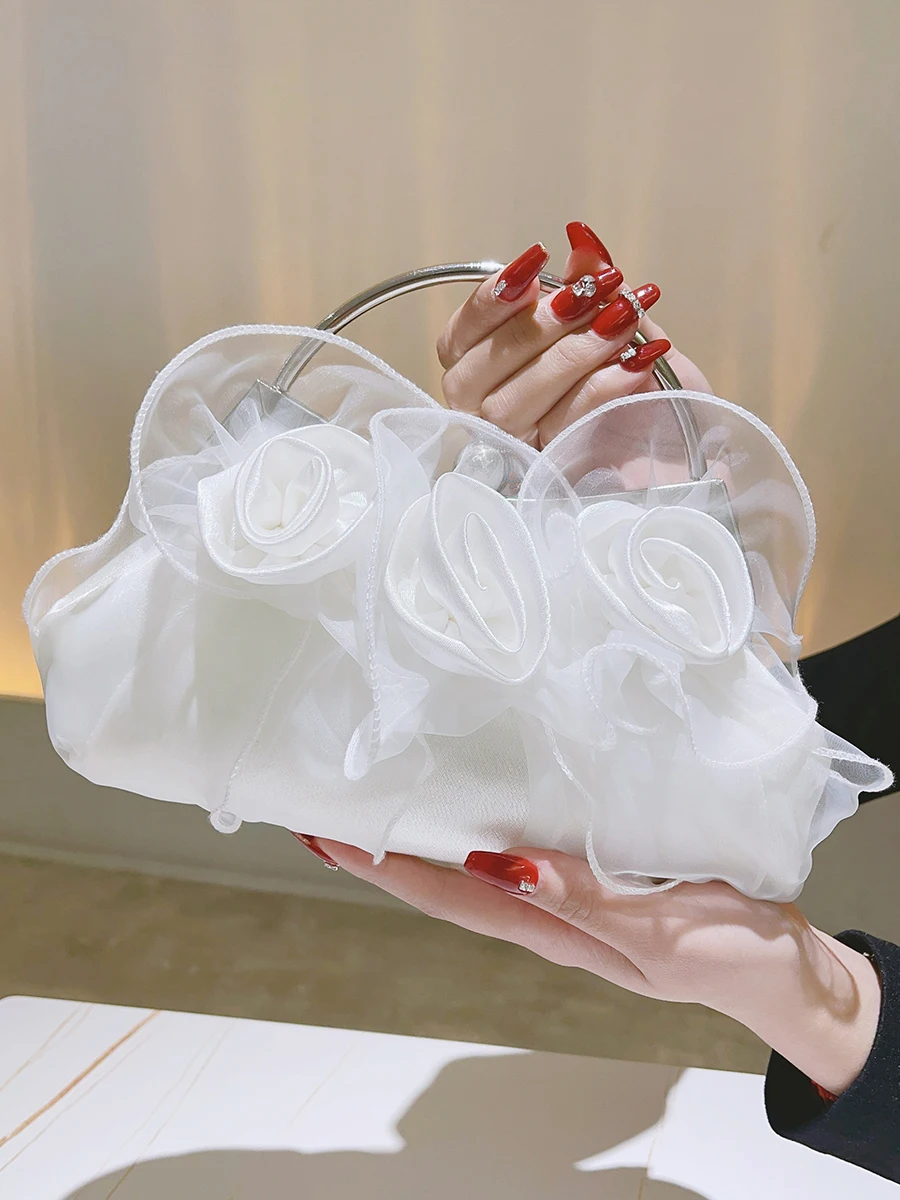 Flower Petal Clutch Bridal Handbag Evening Bag Satin Rose Elegant Purse For Bridesmaid Wedding Party Formal White Handle Bag