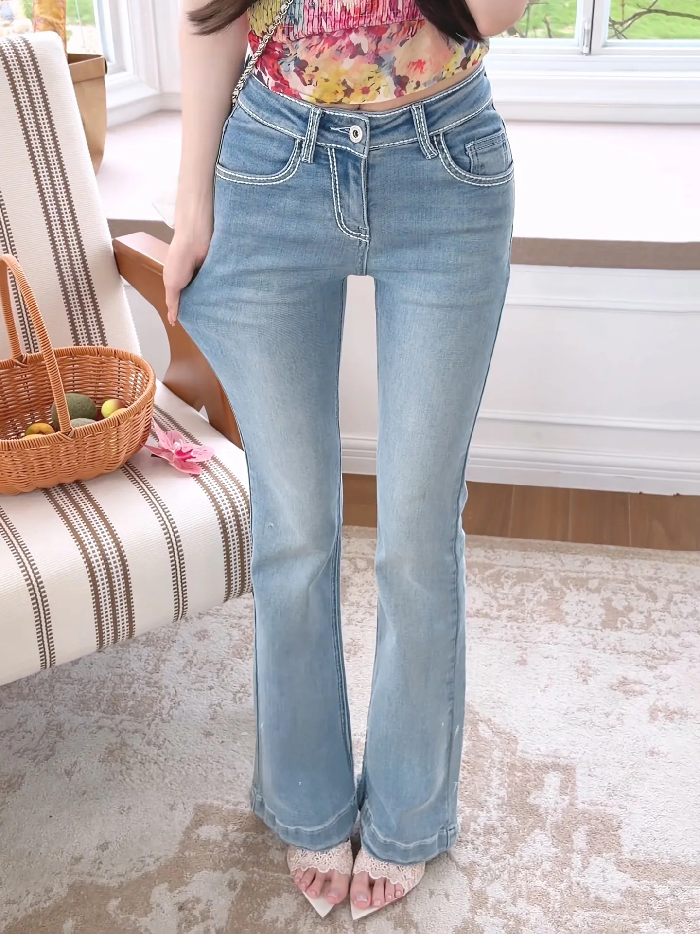 Low Waist Bell Bottom Jeans Women Slim Fit Booty Enhancing Stitch Design Casual Floor Length Pants Cotton Stretch Denim