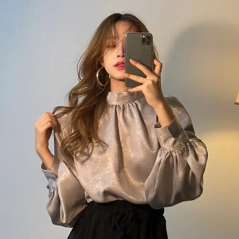 Korean Chic Early Autumn French Fashion Stand Collar Personalized All-Match Lantern Sleeve High-Grade Satin Shirt Top for Women