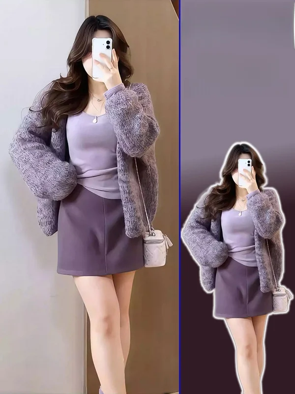 

plus Size Women's Knitted Open Cardigan Tank Top High Waist Skirt Set Casual Sle mid Weight Long Sve round Ne