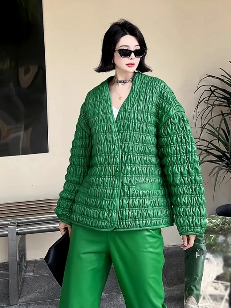 Vintage المرأة الخريف مطوي جلد الغنم سترة جلدية حقيقية الخامس الرقبة مزدوجة الصدر معطف الموضة فضفاضة تناسب عالية الشارع جاكيتات