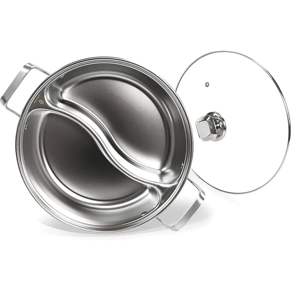 

Кастрюля из нержавеющей стали с разделителем, двухсекционная суповая кастрюля, посуда для индукционных плит с крышкой из закаленного стекла, 12 дюймов, 4,6 литра, серебристая
