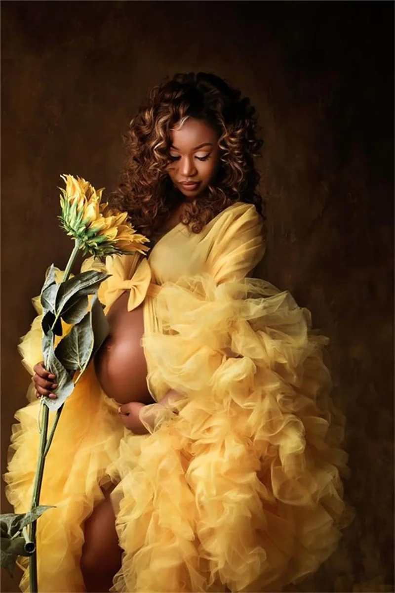 Yellow Maternity Dresses For Photo Shoot Prom Gown Full Sleeves Puffy Tiered Organza Mother Bathrobe Formal Evening Dress