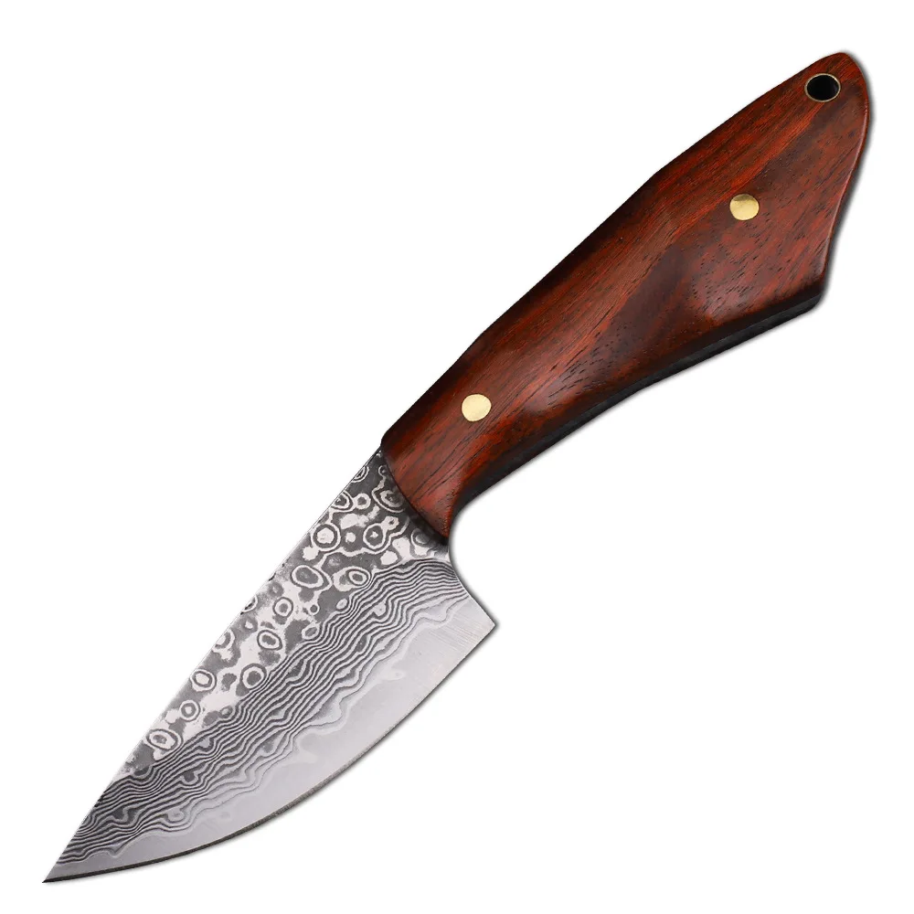 VG10 Damasco Aço Caça Faca, Sobrevivência, Sândalo Punho, Lâmina Fixa, Acampamento, Cozinha, Frutas, Outdoor Bolso, Ferramenta EDC