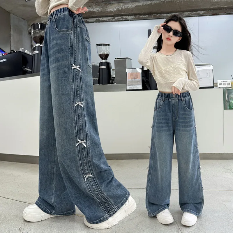 Children Spring Autum Baggy Jeans with Side Pull Strip Bow Tweens Girl Casual Wide Leg Denim Pants Kids Streetwear Trousers
