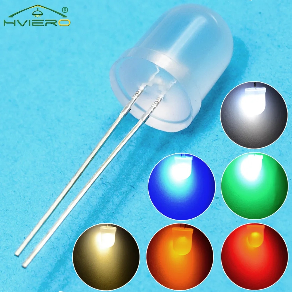 50Pcs White Red Green Blue Yellow 10mm Diode Lamp Ultra Bright Water Clear Diffused 8000MCD 1.9~3.4V Emitting Diodes DIY Light