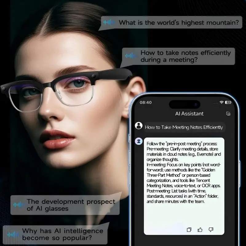 

Camera video glasses, smart translation, object recognition via camera, Q&A interaction, Hi-Fi music, and high-definition calls.