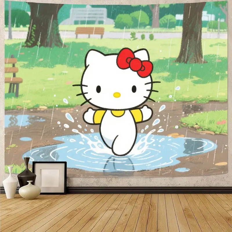 

1 шт. Sanrio Hello Kitty Kawaii Rainy Puddle Splashing Tapestry, современный настенный художественный декор из полиэстера для девочек, спальни, гостиной, подарок