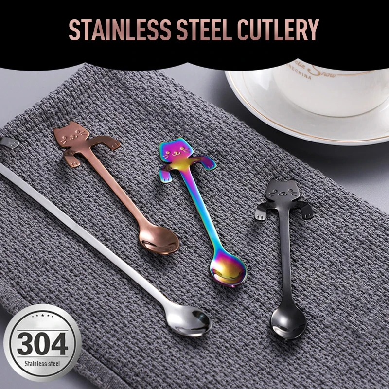 4-Pcs Stainless Steel Coffee Spoon Cute Cat Shaped Stirring Spoon Teaspoon Ice Cream Dessert Spoon Mini Hanging Cup Cat Spoon