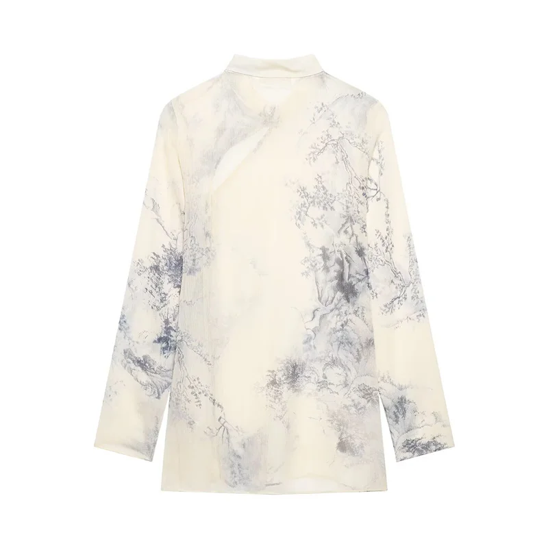 Guobioziy 2026 Women's Shirt Fall New Beige Random Print Lightweight Sheer Romantic Blouse Elegant Style