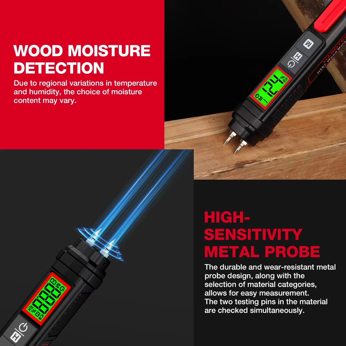 Wood Moisture Meter  LCD Display 0-58% Timber Damp Detector Concrete Cement Brick Moisture Meter HT67 Pen-Type Digital