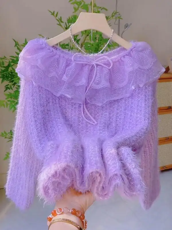 

Sweet Soft Lace Splice Women's Knitted Sweater Spring Autumn New Design Versatile Warmth Comfortable Long Sve Casual Top