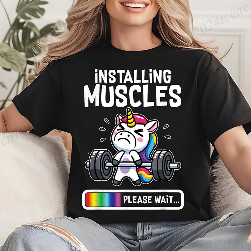 Installieren von Muskeln Damen T-Shirt Kleidung Lustiges Gym Einhorn Grafik T-Shirt Fitness Workout Mode Lässig Kurzarm Tops