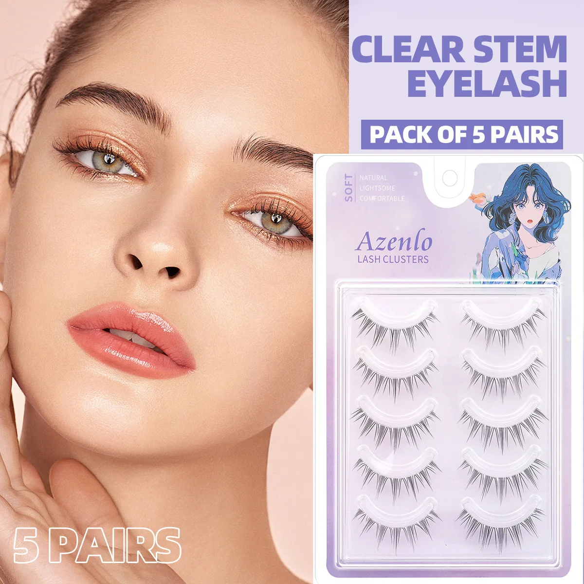 คลัสเตอร์ขนตาปลอม5คู่ก้านใสกันน้ำแข็งแรงทนทานต่อการแต่งหน้าที่ต่อขนตาปลอม5คู่
