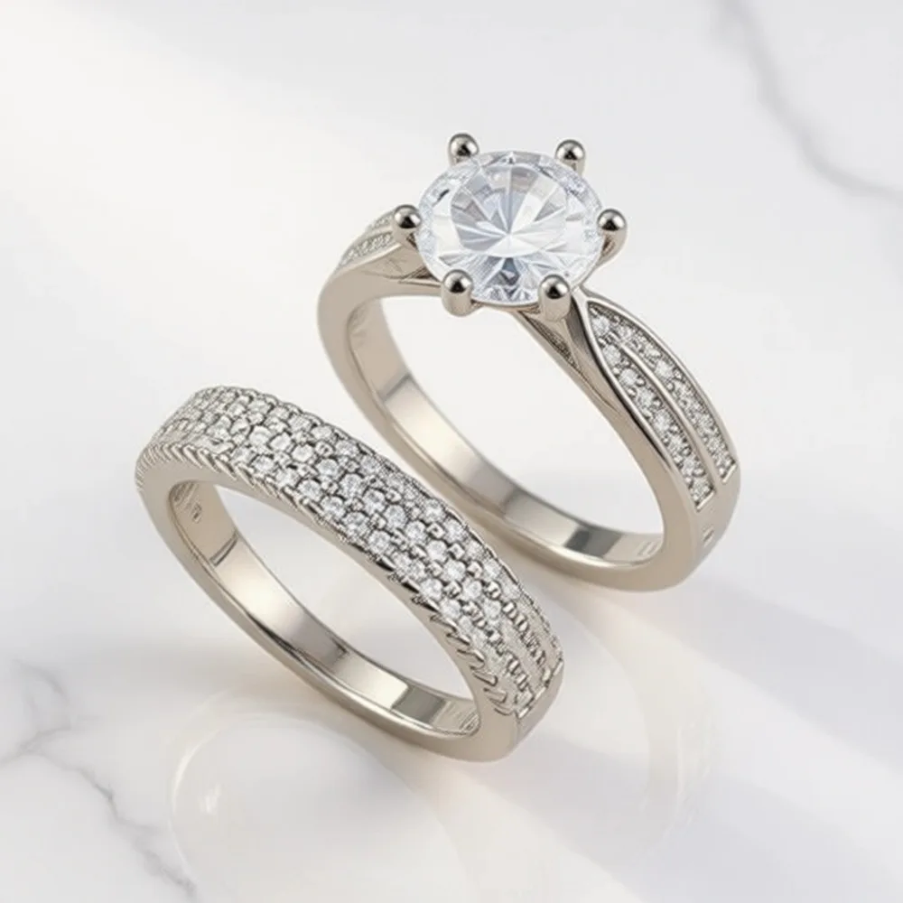 

Серебряный свадебный комплект 925 пробы: мужское кольцо из вольфрама, женское обручальное кольцо с фианитами, огранка «принцесса» 1,35 карата, покрытие из белого золота