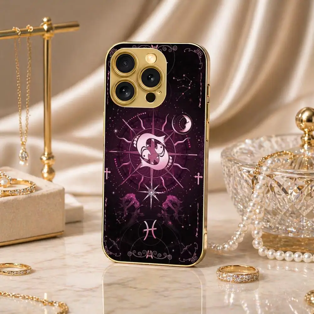 Capa de Celular Mystery - Star Orbit Magic Circle, de vidro dourado, para iPhone 17/16/15/14/11/12/13 Pro Max