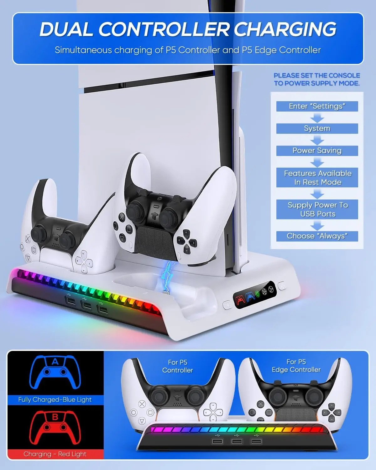 Per PS5 Slim Charging Stand ventola di raffreddamento Station per DualSense/Edge Playstation 5 Slim Controller con gancio per cuffie RGB Light
