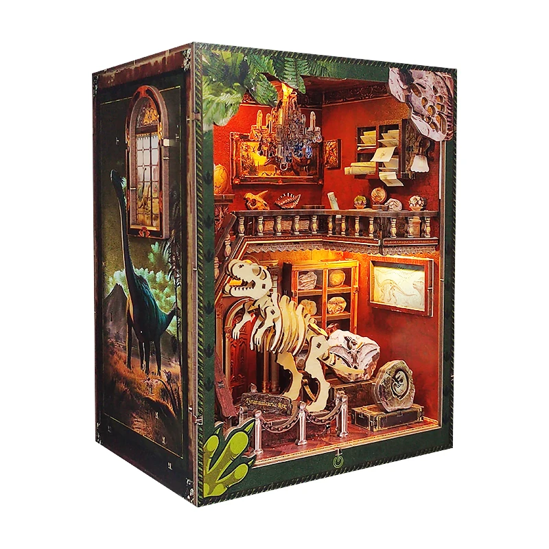 

DIY Book Nook Wooden Miniature Model Kits Dinosaur Museum Casa Bookend 3D Puzzle With Light Bookshelf for Friends Birthday Gifts