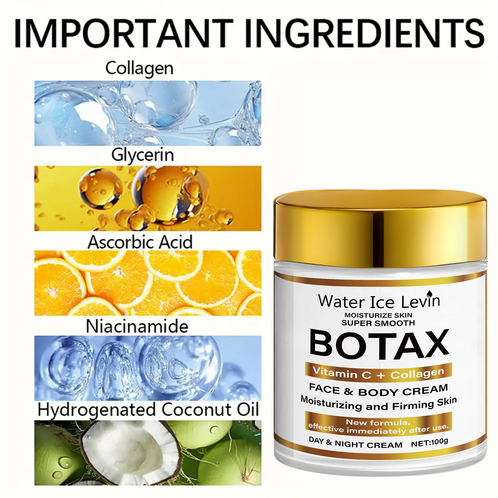 كريم Water Ice Levin BOTAX: فيتامين C + مرطب للوجه والجسم بالكولاجين لشد البشرة فائقة النعومة. الاستخدام النهاري/الليلي #5