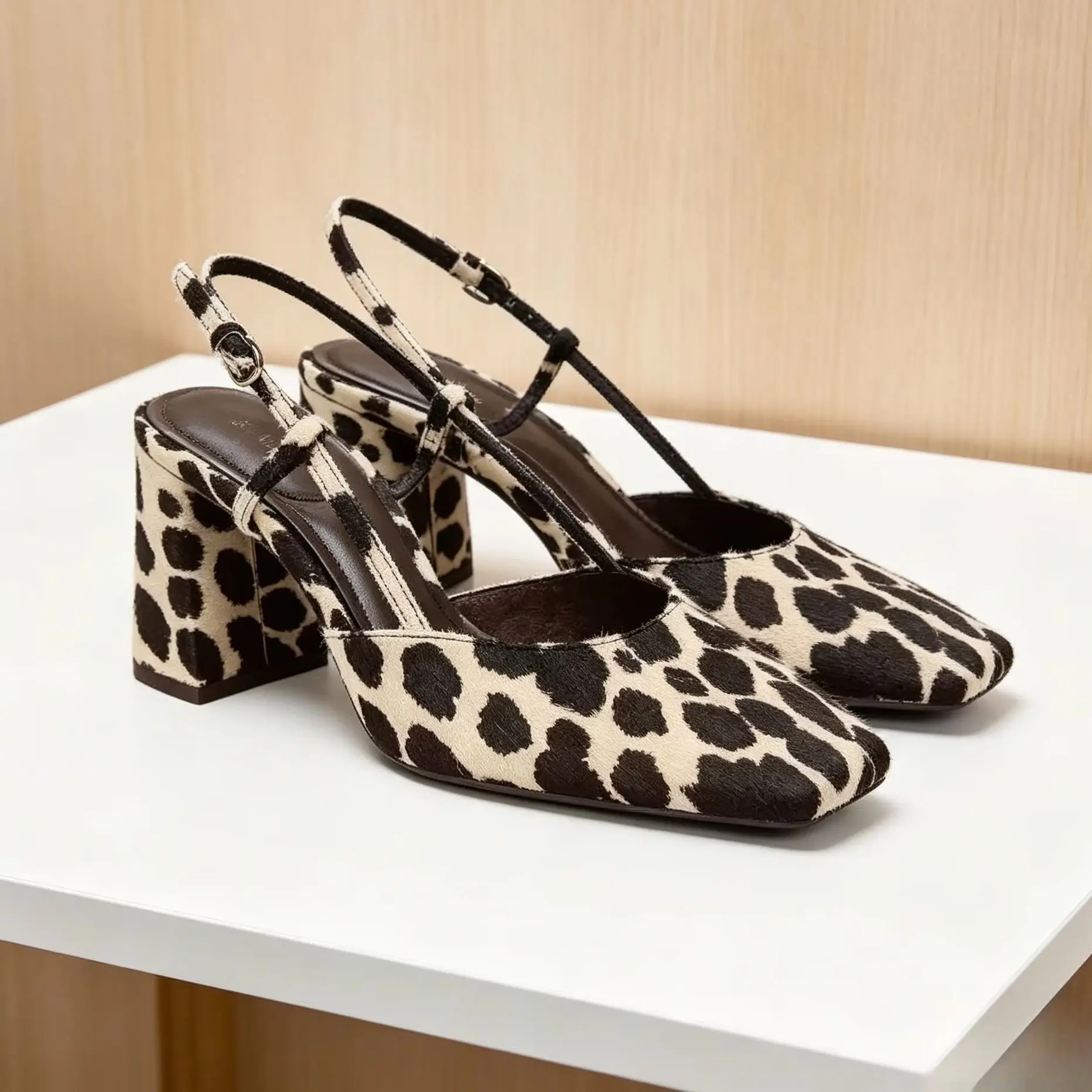 Damen Sommer Neuheit: Leopardenmuster Quadratische Spitze Flacher Einstieg Blockabsatz Retro Vielseitige High Heels