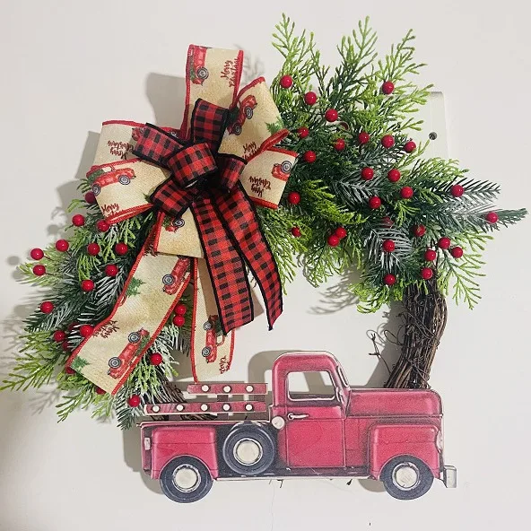 2024 Red Truck Christmas Wreath Farmhouse Front Door Wreath Decoration Christmas Decor Garland Artificial Yard Garden Decors