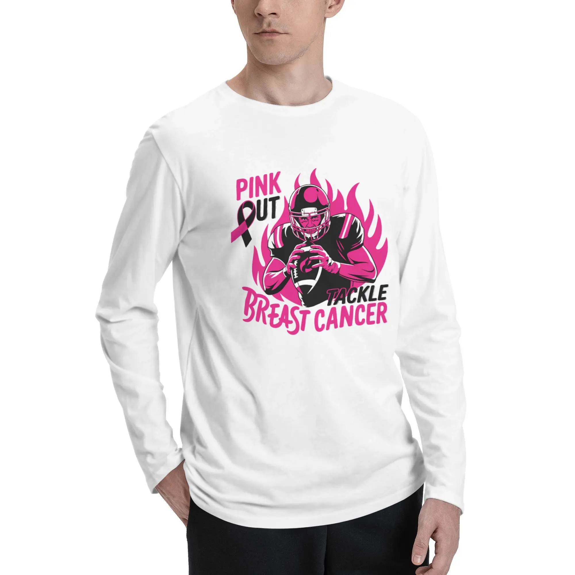 Tackle Breast Cancer Football Pink Ribbon Awareness High Quality Sweatshirts Men's Oversized Hoodies Winter Pullover