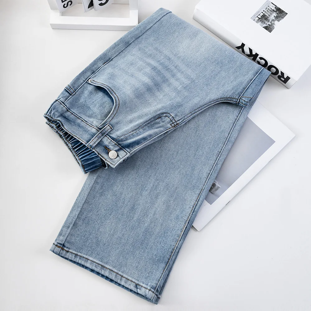 

Джинсы прямого кроя XXXXL для женщин больших размеров, весна 2026, с высокой талией, из эластичного денима, длина до щиколотки, модель 2552