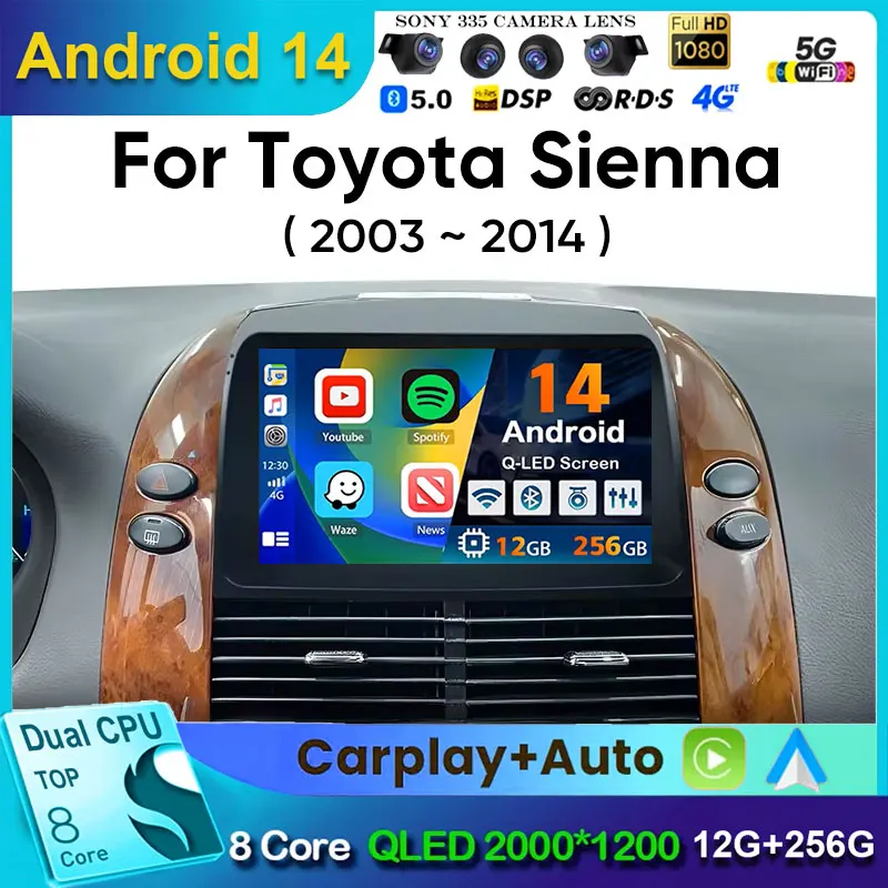 

Android 14 Car Radio For Toyota Sienna 2 2003-2010 Sienna 3 2011-2013 Wireless Carplay Auto Multimedia Player WiFi 4G 2 Din